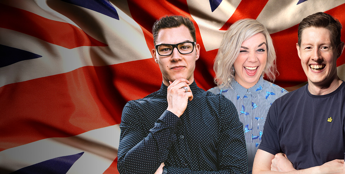 Image Description: Three UK Comedians stand in front of a Union Jack Flag